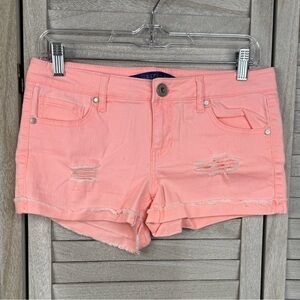 SAPPHIRE INK Distressed Stretchy Jean Shorts with Folded Hem Washed Coral-7